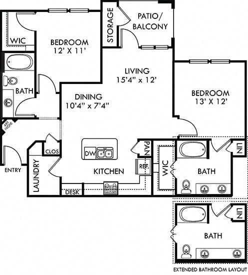 Pecos. 2 bedroom apartment. Kitchen with island open to living/dinning rooms. 2 full bathrooms, double vanity in master. Walk-in closets. Patio/balcony.