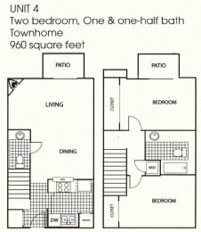 2 Bed 1.5 Bath Floor Plan at Williamsburg Apartments, Texas, 75051