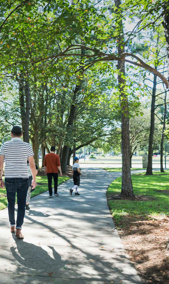 A family of three walks down a tree-lined path.