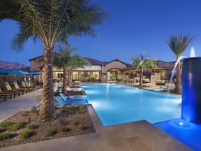 Encantada Tucson Nation pool with water fountain feature, lagoon lounge chairs and cabanas.