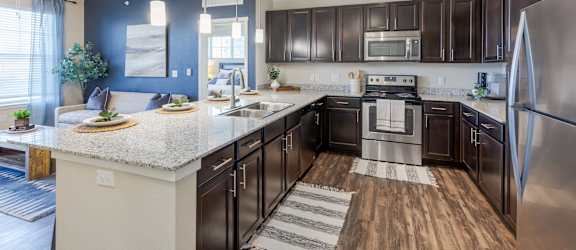 A modern kitchen with dark brown cabinets and stainless steel appliances.