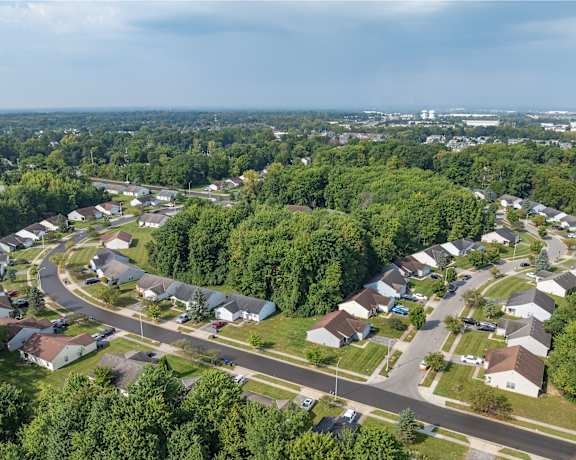 A residential area with houses surrounded by trees.