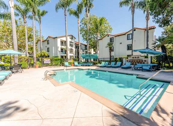 our apartments have a swimming pool with chairs and umbrellas