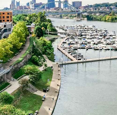 A city skyline is visible in the distance behind a marina.
