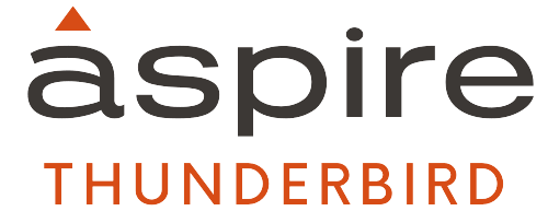 The image features the word "aspire" in black with an orange triangle above it and "THUNDERBIRD" in orange below it.