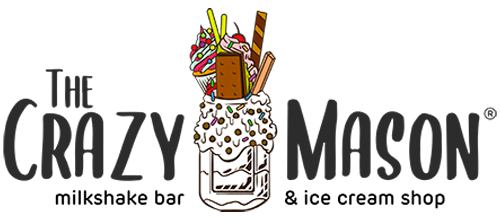 A glass of milkshake with whipped cream and a chocolate bar on top, with the text "The Crazy Mason" above it.