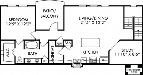 Greensboro with Attached Garage. 1 bedroom apartment + study room. Kitchen with island open to living/dinning rooms. 1 full bathroom, double vanity. Walk-in closet. Patio/balcony.