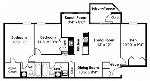 2 Bedroom 2 Bath Den Floor Plan at Westwinds Apartments, Annapolis, MD