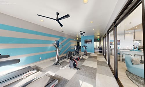 A room with a treadmill, exercise bike, and a fan.