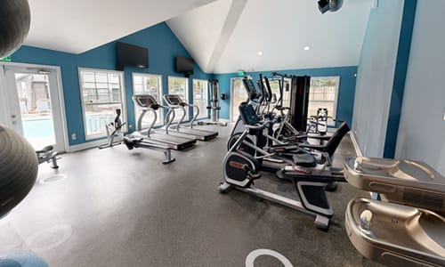 A gym with a variety of exercise equipment including treadmills, stationary bikes, and weight machines.