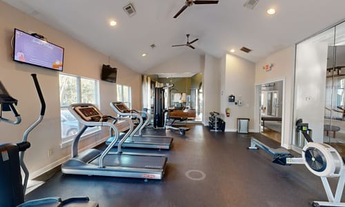A spacious gym with treadmills, elliptical machines, and a television.