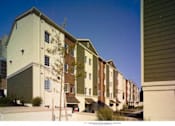 Thumbnail 1 of 5 - a row of houses with green and white buildings