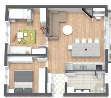A top-down view of a house layout with a kitchen, living room, and bathroom.