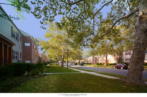 a view of a street with houses and trees