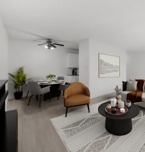 a living room with a couch and a table