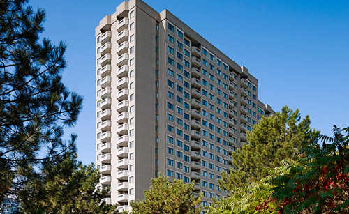 A large building with a lot of windows is surrounded by trees.
