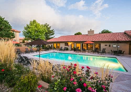 a swimming pool in the backyard of a house with a pool