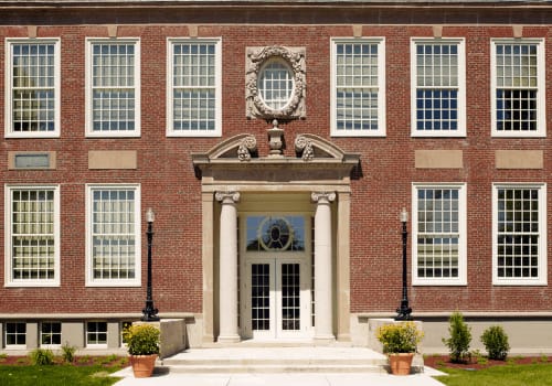 Beautiful Brick Front Entrance Of Historic Wilber School Apartments.