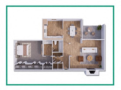 a stylized floor plan with a bedroom and a living room