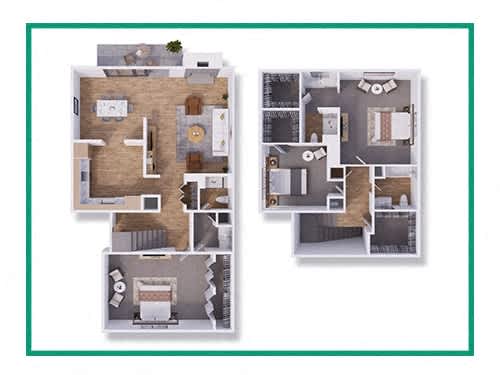 a stylized floor plan with a kitchen and a living room