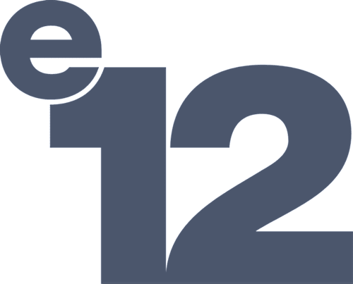 A large blue number 12 with a stylized letter "e" above it.
