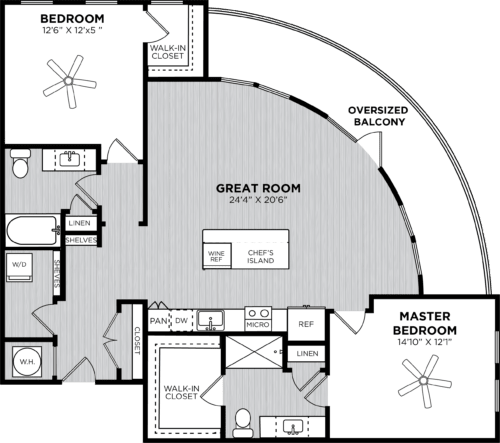 Two bedroom two bathrooms with oversized balcony