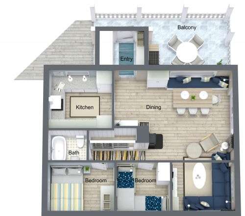 A 3D rendered image of a house layout with labeled rooms.