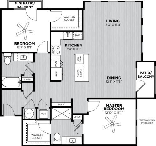 Two bedroom with two bathrooms separated by the kitchen