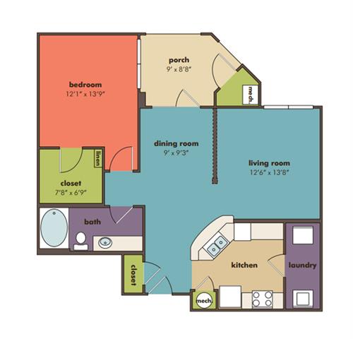 Floor Plan  1bedroom 1 bathroom Cascade Floorplan at Abberly Crossing Apartment Homes by HHHunt, Ladson, SC
