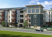 Thumbnail 17 of 17 - A modern apartment building with a car parked in front.