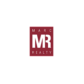 a red and white marc realty logo on a black background