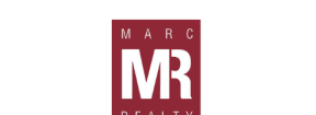 a red and white marc realty logo on a black background