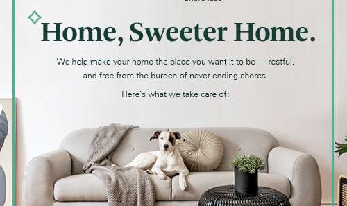 A poster with a dog on a couch and the text "spruce Home, Sweeter Home."