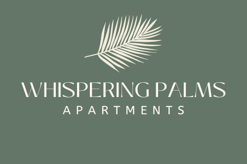 A logo for Whispering Palms Apartments featuring a palm leaf.