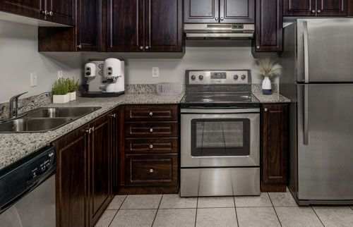 Kitchens are beautifully appointed, as this one with stainless steel appliance package.