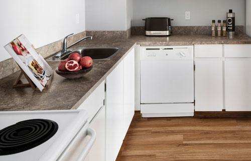 Kitchen with a stove, white cupboards, dishwasher and a sink.