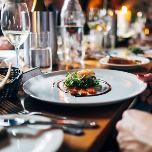 Plate of fine food from nearby restaurant