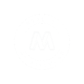 A black and white logo with the letter M in the center.