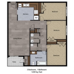  Floor Plan 3 Bedroom, 1 Bathroom - 1259 SF