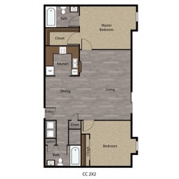 Floor Plan 2 Bed, 2 Bath - 1063 SF