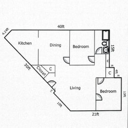  Floor Plan 2 Bed, 1 Bath - 1038 SF