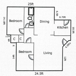  Floor Plan 2 Bed, 1 Bath - 860 SF