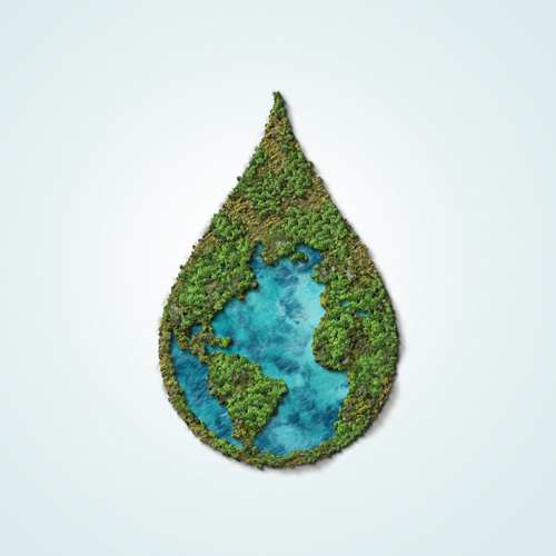 A water droplet with a greenery and water inside it.