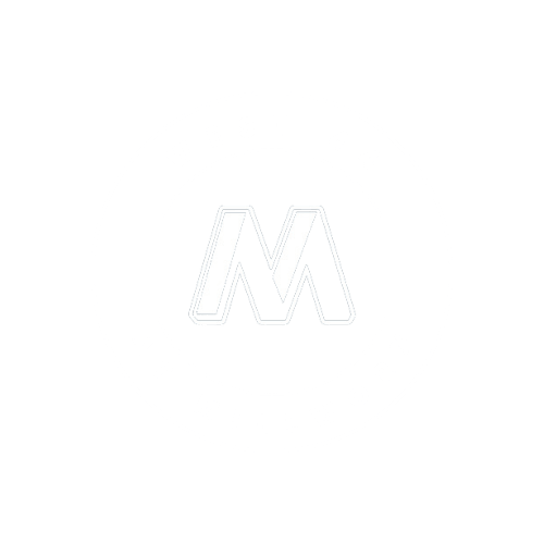 A black and white logo with the letter M in the center.