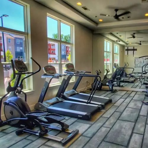 A gym with treadmills, elliptical machines, and a stationary bike.