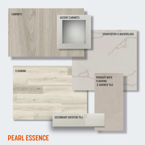 A set of bathroom design elements including cabinets, flooring, and tiles are displayed.