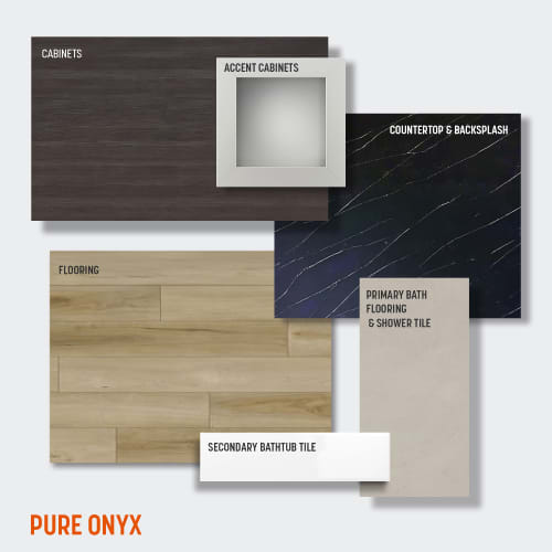 A collection of flooring and cabinetry options from Pure Onyx.