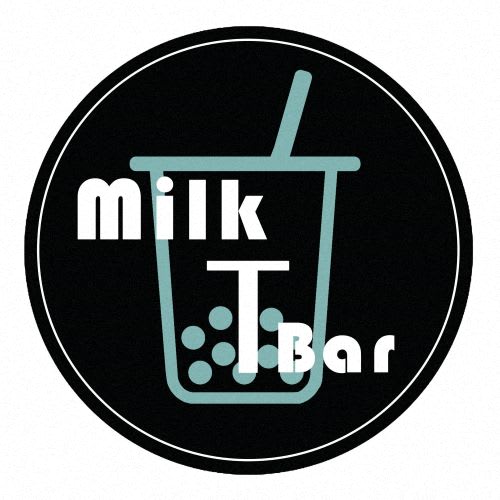 A logo for a milk bar featuring a glass of milk with a straw.
