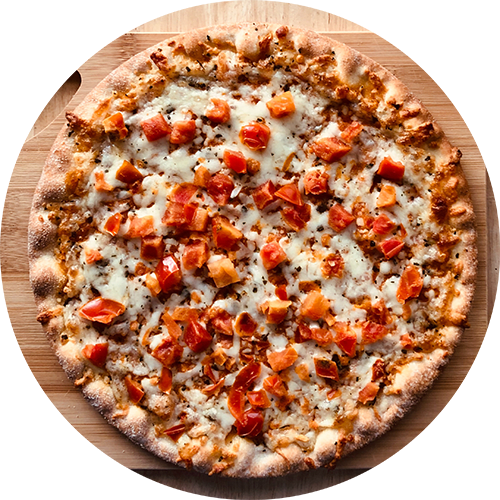 a pizza sitting on top of a wooden table