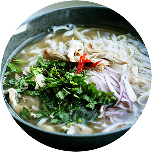 a bowl of chicken noodle soup with greens and onions